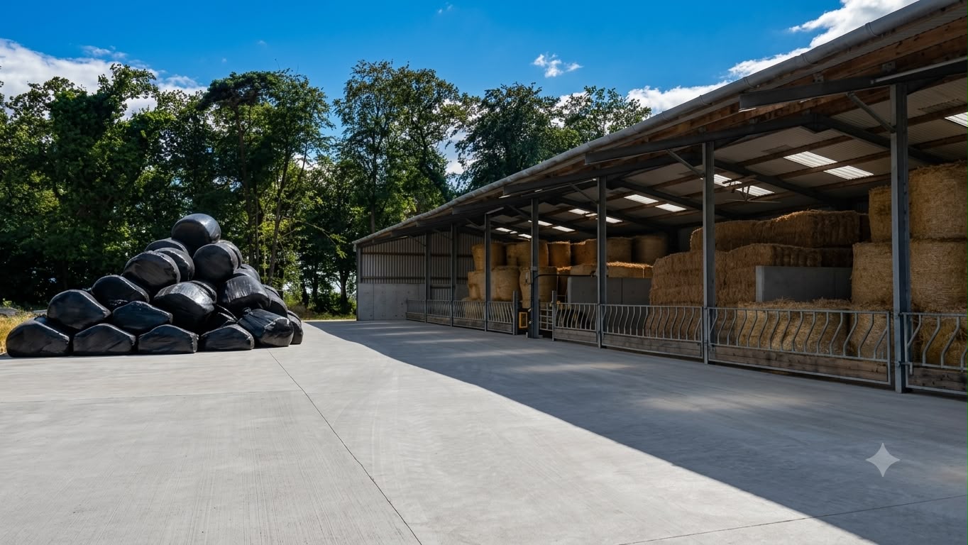 Fodder store with stacked straw bales and wrapped silage bales beside a covered farm shed